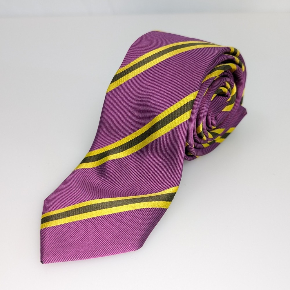 John Henric Striped 100% Silk Narrow Neck Tie 2.5 x 60 Purple Yellow Handmade